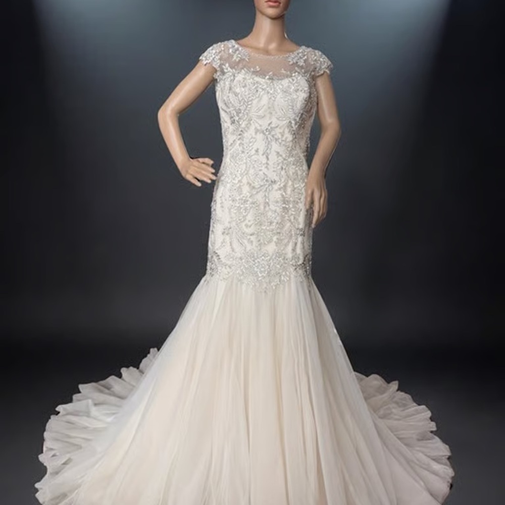 Mon Cheri Ivory Beaded Lace Mermaid Wedding Gown